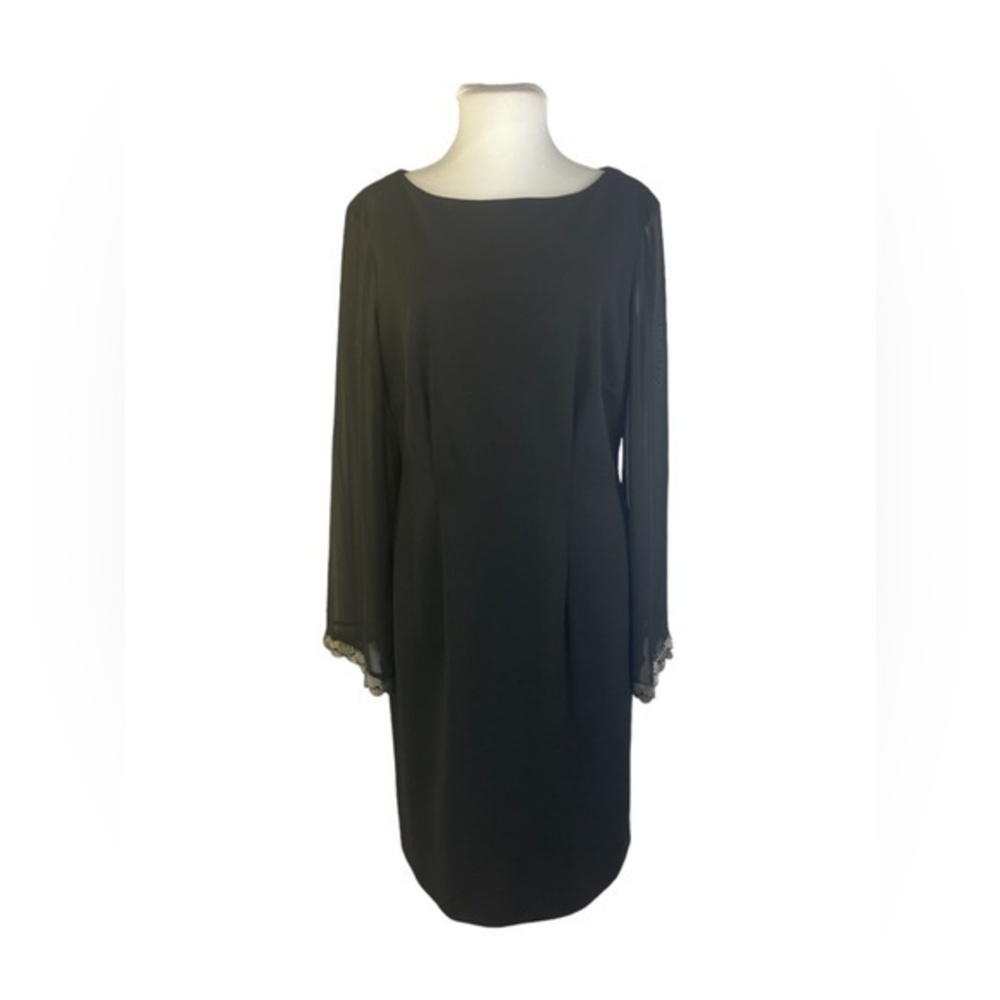 Connected Apparel Black Sheath Dress Sheer Sleeves Sequin Cuffs 10 NWOT ⭐️